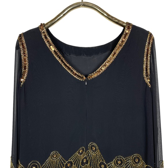 BLACK TIE BY OLEG CASSINI SILK BEADED DECO EMBELLISHED SHEER PANEL TUNIC BLOUSE - Picture 8 of 12